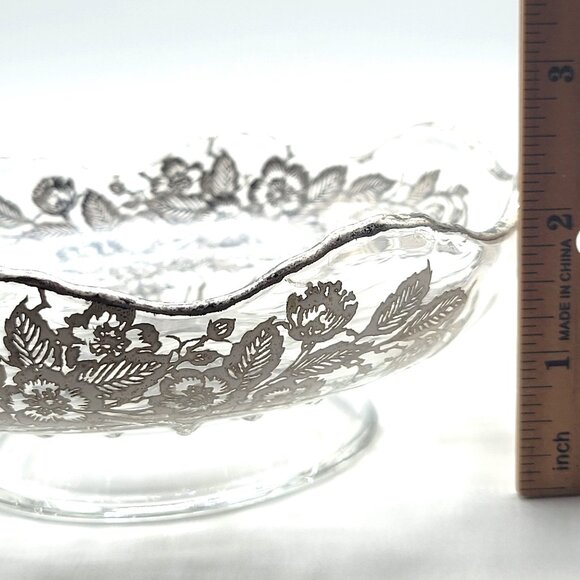 Vintage Silver Overlay Clear Glass Candy Dish Bowl Flowers Bowl Scalloped Edge - Picture 4 of 9